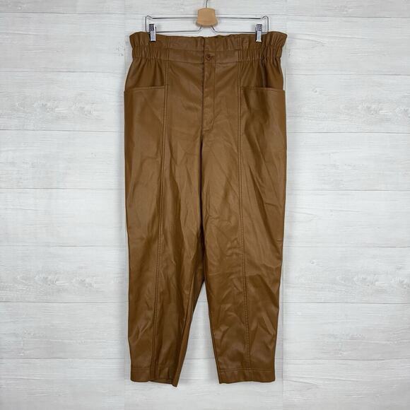 Madewell Vegan Faux Leather Pants Size 16 Brown High Rise Elastic Waist Pull On - Picture 1 of 15